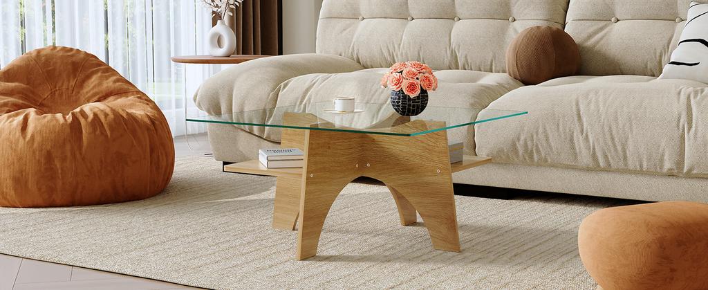 Modern Square Side Table Made of Safety Glass - 80 cm Side Length. Table Legs Made of MDF with Light Wood Veneer. Ideal for Dining Room, Living Room.