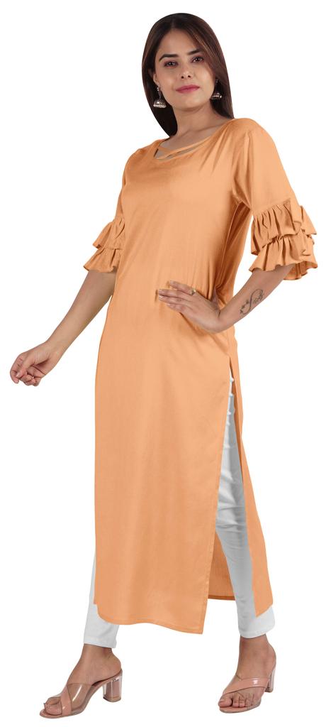 Moomaya Solid Designer Kurti Bell Sleeve Casual Long Straight Kurta For Women