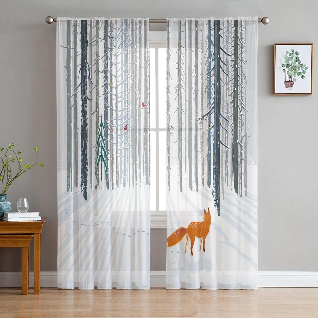 Animal Bird Fox Forest Winter Birch Tree Tulle Sheer Curtains for Living Room Bedroom Decor Window Curtain Voile Organza Drapes