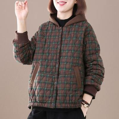 Dicker Mantel Damen Winter Retro Kariert Kapuze Lässig Warm Bequem Leicht Baumwollmantel Top