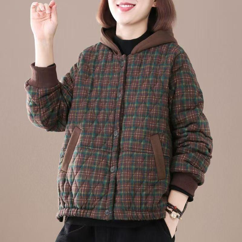 Thick Coat Women Winter Retro Plaid Hooded Casual Warm Comfortable Lightweight Cotton Coat Top