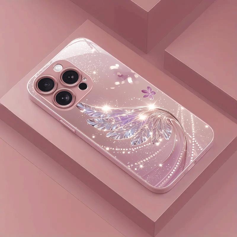 Pink Iridescent Feather Wing Pattern Pink Metallic Paint Hard Phone Case Suitable for iPhone 17 16 15 14 13 12 11 Etc