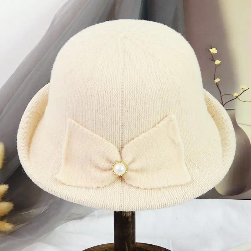 WTEMPO Cold-proof Windproof Warm Solid Color Pearl Bow Bucket Hats Women's Autumn Winter Casual Verstaile Retro Elegant Hats