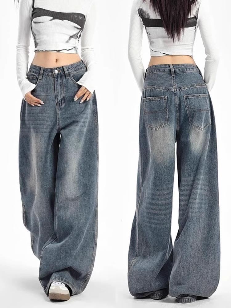 Unisex American Retro High-Waist Wide-Leg Jeans: Spring & Autumn, Loose, Slimming, Drapey, Floor-Length Straight-Leg Style.
