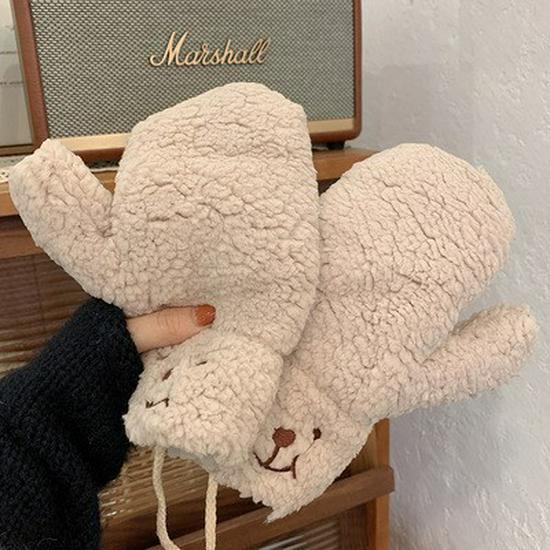 Cute Bear Plush Women's Winter Cycling Halter Neck Gloves - Warm, Thickened, Plus Velvet Cotton.