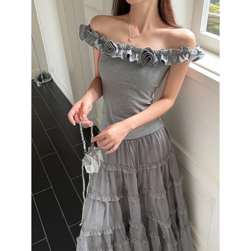 

Kumikumi Sweet Set Three-Dimensional Flower off-the-Shoulder T-shirt Women Summer Drape Wooden Ear Swing Skirt Two-piece Set Top L
