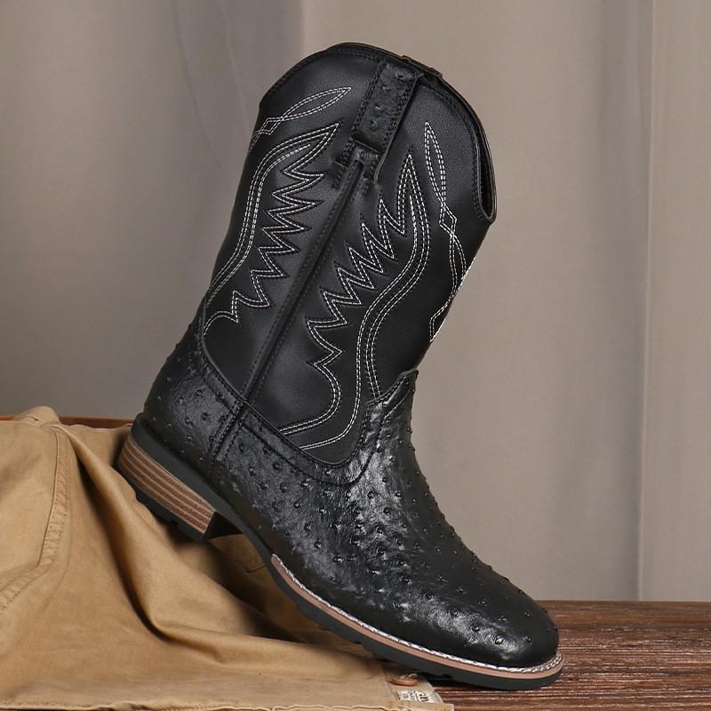 882 Cowboy Boots Men Retro Western Embroidered Martin Fall Casual Round Toe Square Heel High Top