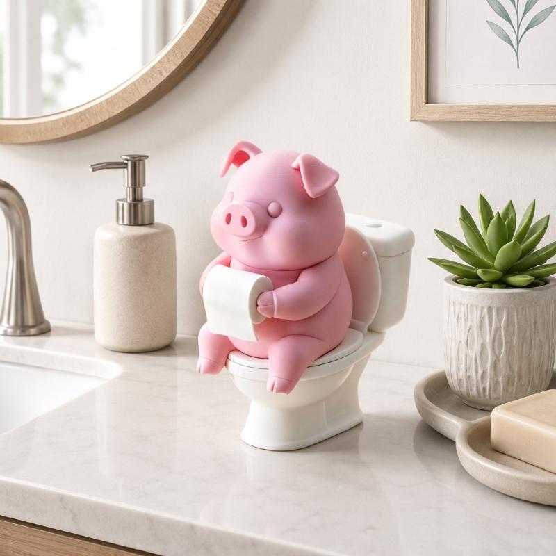 Pig Toilet Statues Cute Pink Pig Figurine On Toilet for Bathroom Shelf, Desk, Counter, and Office Display, Humorous Cartoon Figure for Home Gift Use