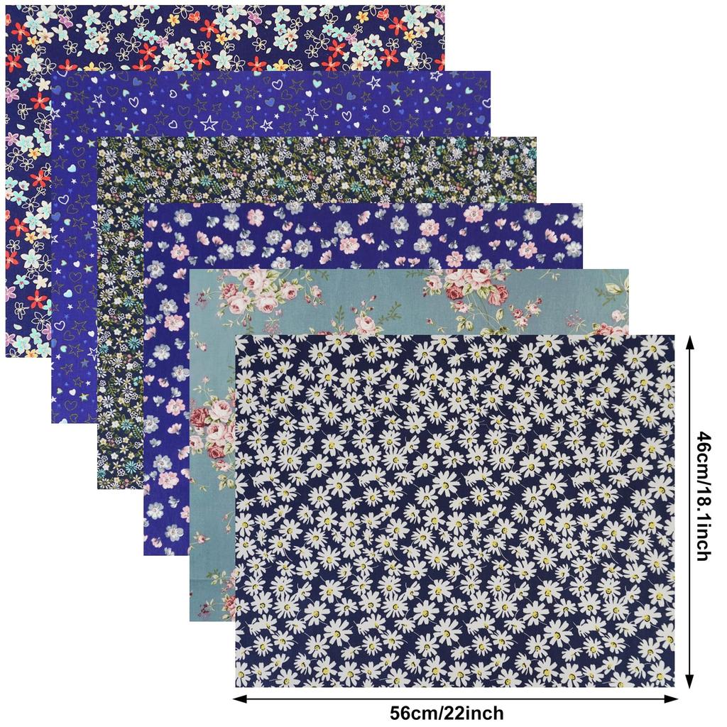 Set of 8 Cotton Quilting Fabric Scraps for Patchwork and Cute Cut Cloths Blue with Chrysanthemum 100% Crafts, 46x56cm, (Dark Design)