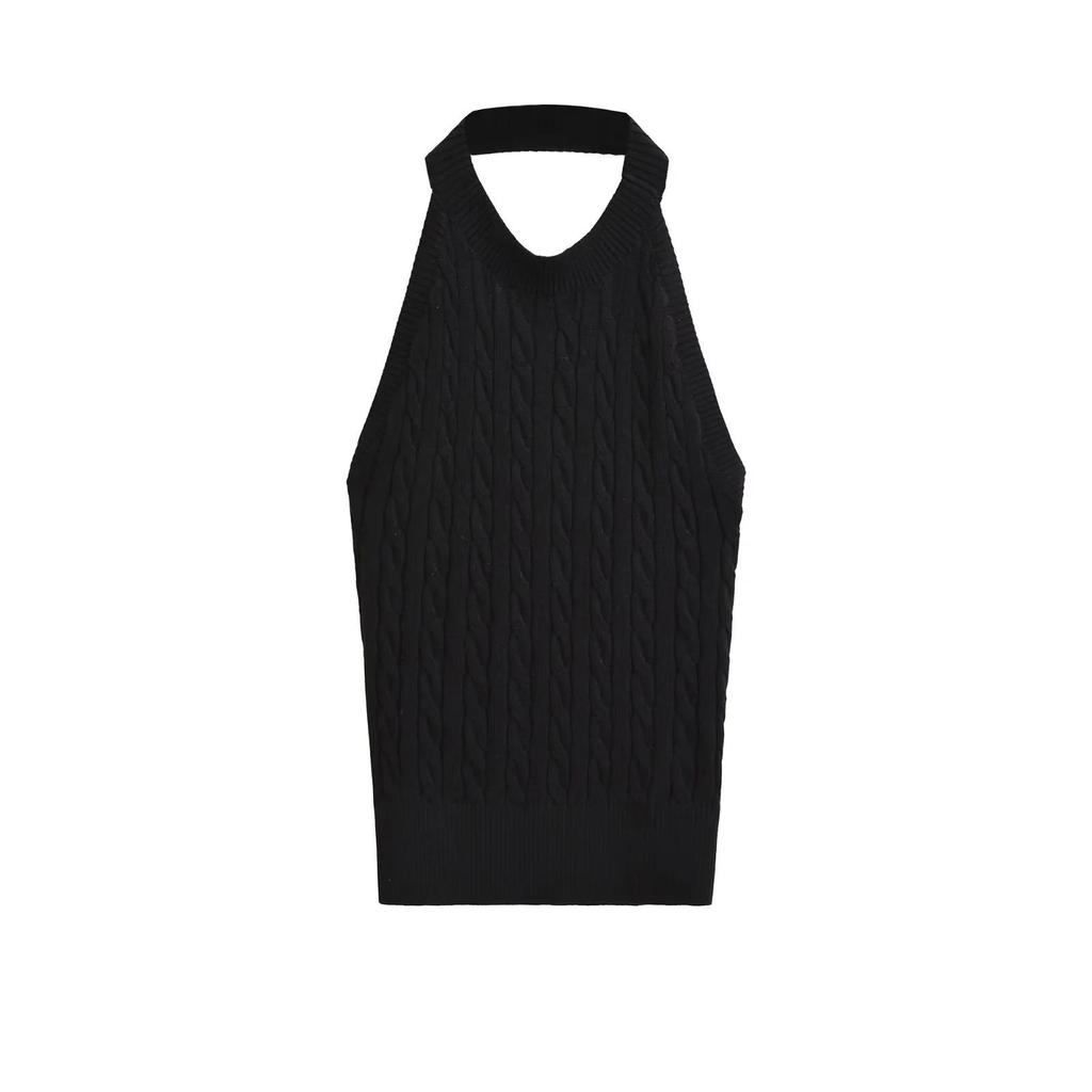 Spicy Retro Cable Knit Halter Backless Tank - Women's Autumn/Winter Slim Fit Sleeveless Top