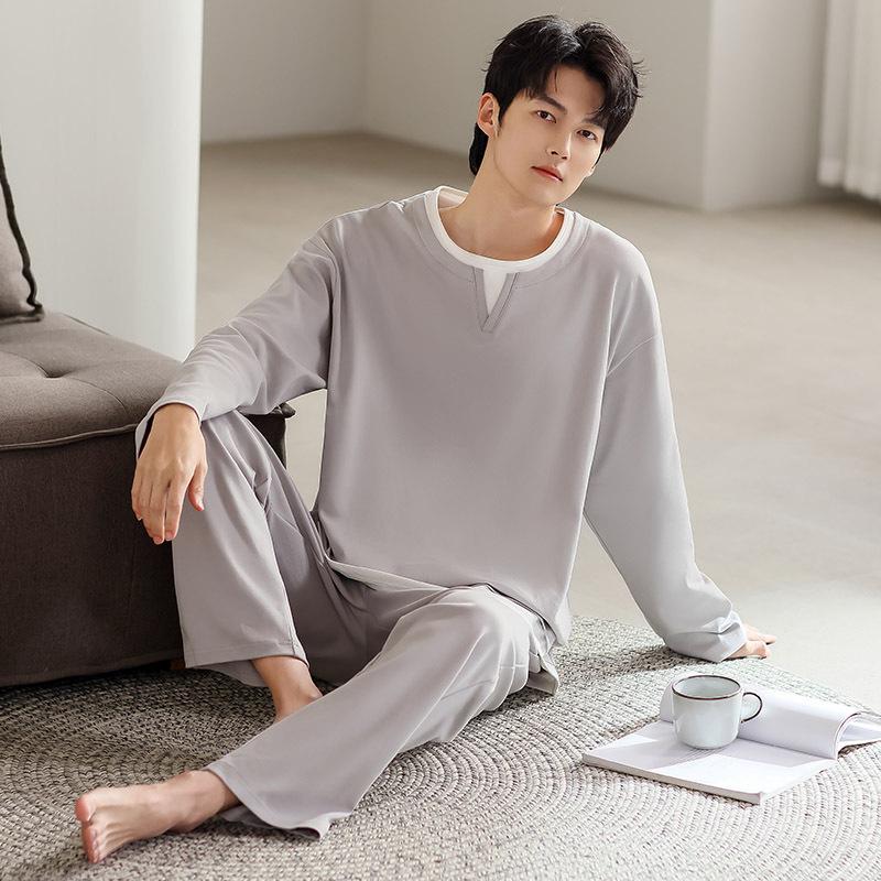 Men's Long Sleeve Loose Pajama Set - Round Neck, Long Pants, Plus Size for Spring & Autumn.