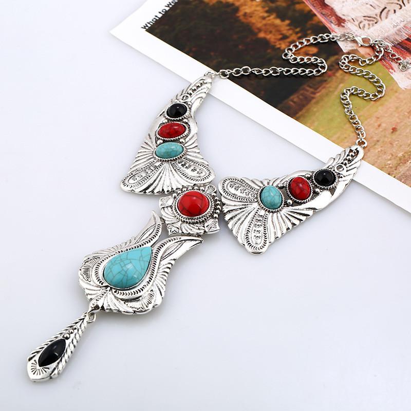 Pendant Turquoise Vintage Necklace With Alloy Chain And Multilayer Design