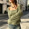 Quadratkragen Bluse Damen Bluse, Rüschenmanschetten Saum Glockenärmel Oberteil, Tägliche Oberteile Atmungsaktiv Unifarben Lässiges Hemd für den frühen Herbst