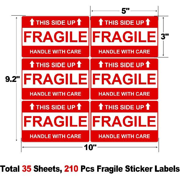 210 Pcs Fragile Stickers, 3x5 Inch Fragile Labels for Shipping, Strong Adhesive Handle with Care Stickers for Shipping