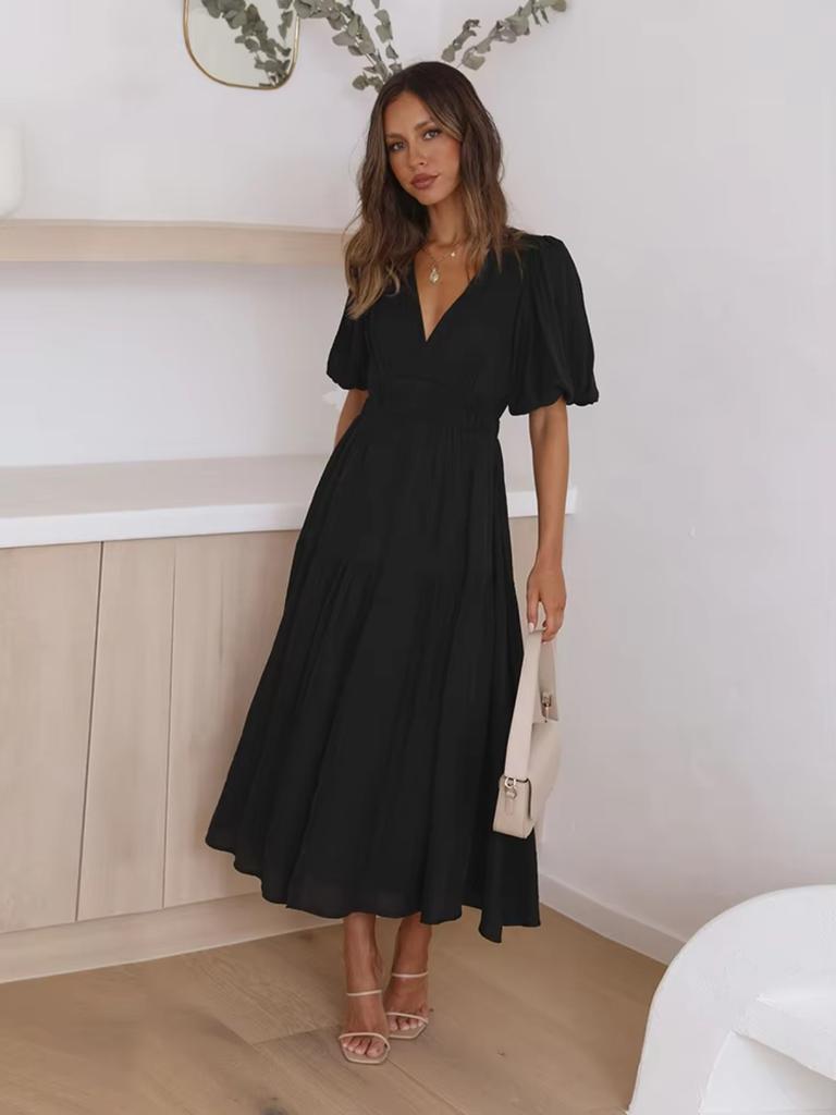 Mote Damer Sommer Vintage Kjole Kvinner Lanternermer Volanger Casual Kjole V-hals Høy Midje Sexy Selskap Midi Strandkjoler