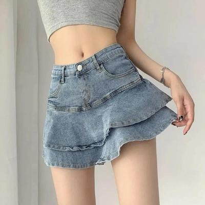 Vintage jeansowa spódniczka szorty damskie letnie koreańskie wysokiej talii linia A szczupła śliczna Mini Jean spódnica z falbaną kobieta