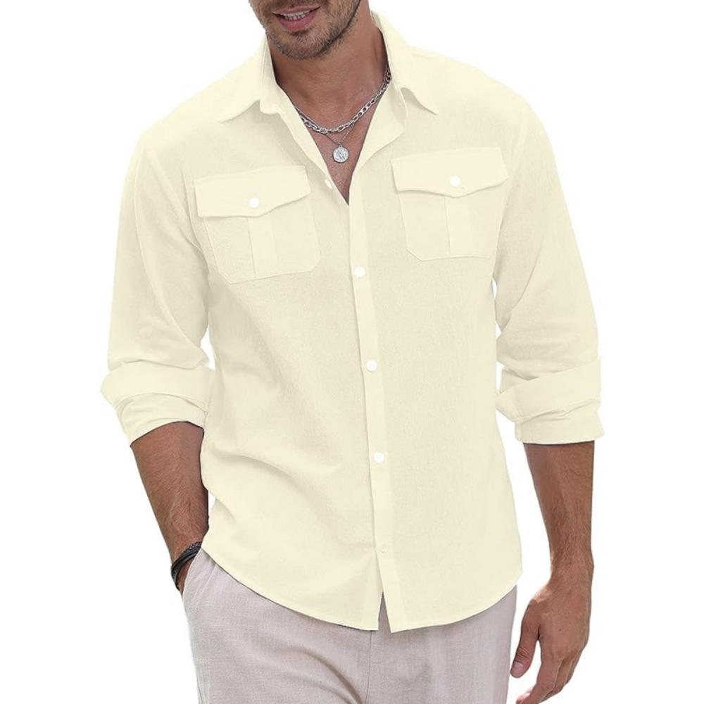 Maglietta polo da uomo a maniche lunghe per primavera ed estate, design a doppia tasca, alla moda, casual, slim, traspirante, tinta unita, camicia da uomo a maniche lunghe