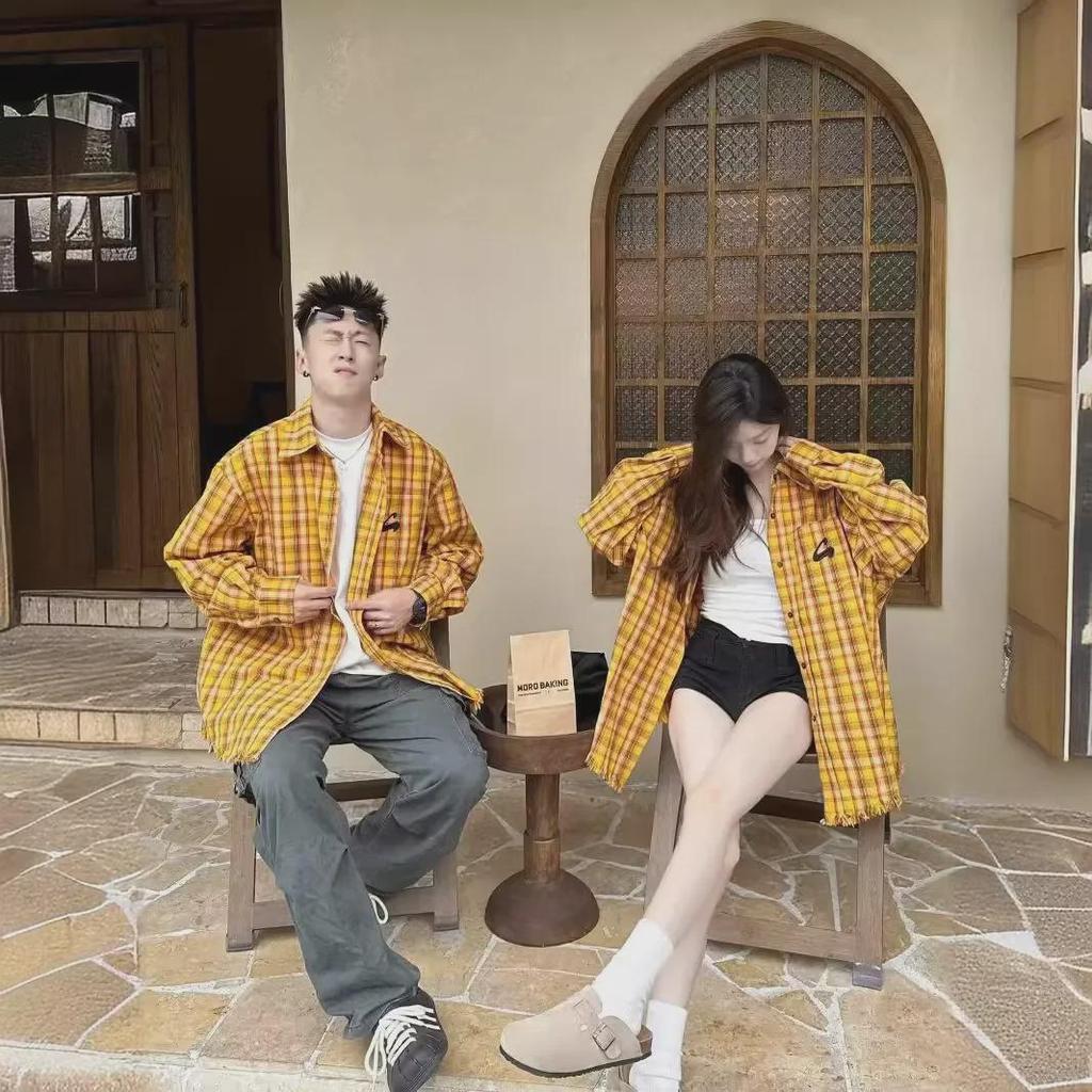 2024 Unisexová americká retro žlutá kostkovaná košilová bunda: Unikátní jarní/letní top pro páry