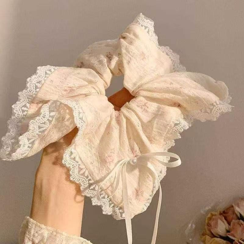 Early Spring Korean Design Handmade Lace Pleated Lace Hair Ring Double Layer Large Intestinal Ring Hair Accessories For Women