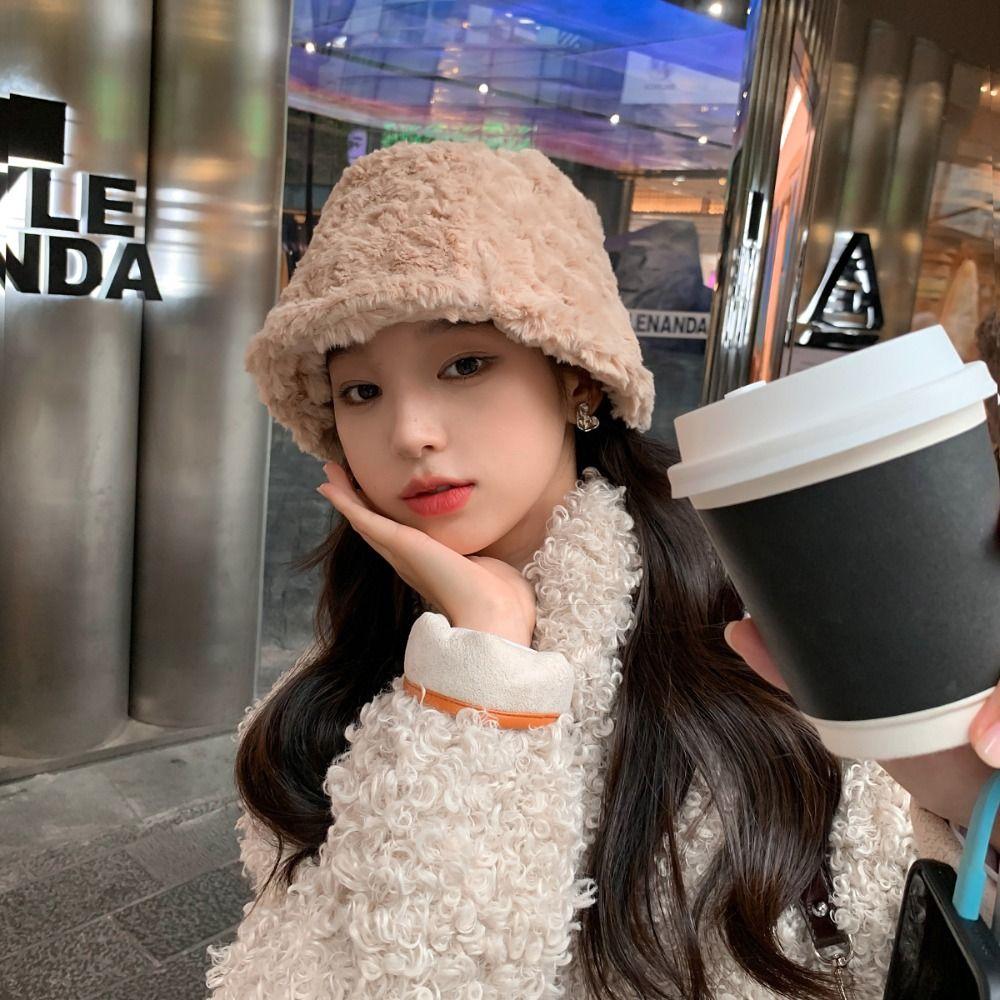 Plush Fisherman Cap Warm Basin Sun Cap Winter Plush Bucket Hat  for Women