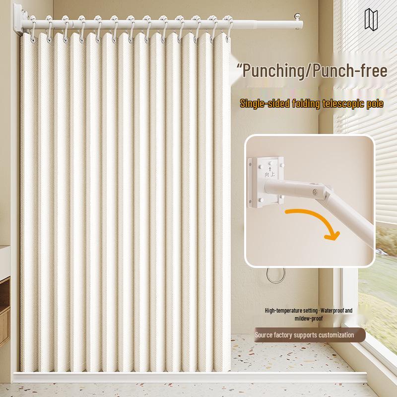 Durable Linen-Like Folding Shower Curtain with Telescopic Rod for Bathroom Optimization