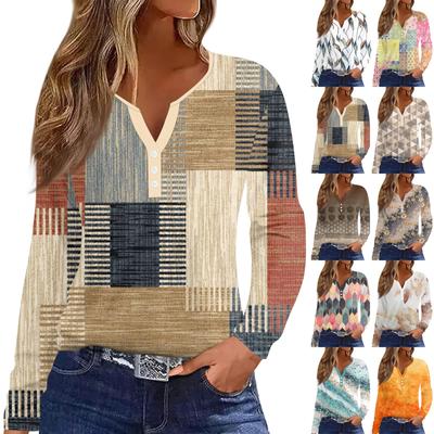 Women's Fashion Casual Printed V-Neck Long Sleeve Decorative Button T-Shirt Top