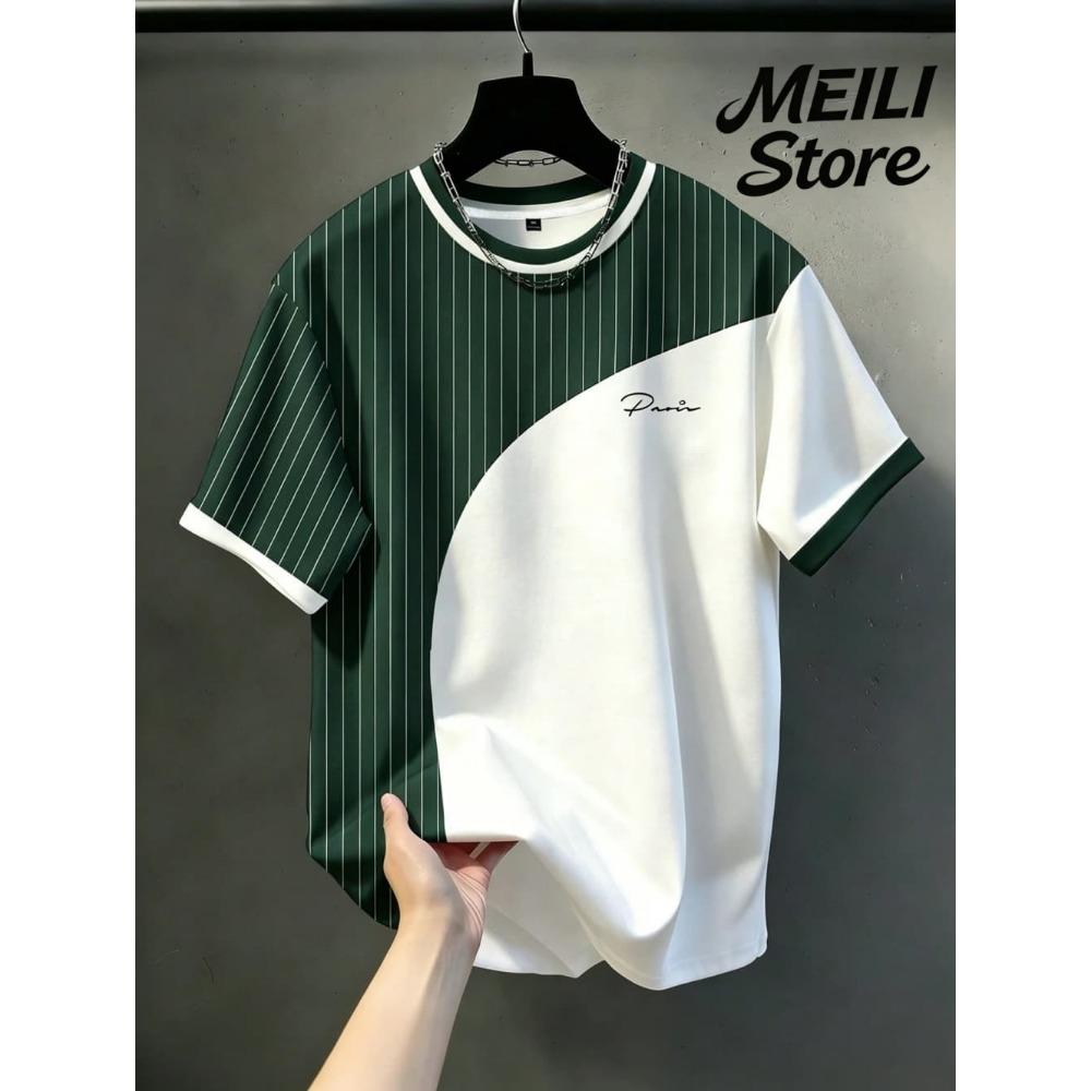Sommer Herren T-Shirt Streifen Buchstabenmuster Druck Lässiges Lockeres T-Shirt Hip