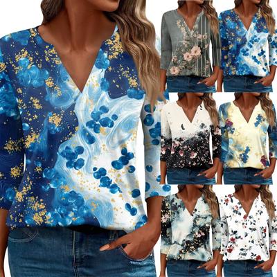 Women's T Shirt Tee Printed 3/4 Sleeve Daily Weekend Fashion Basic V Neck Regular Top