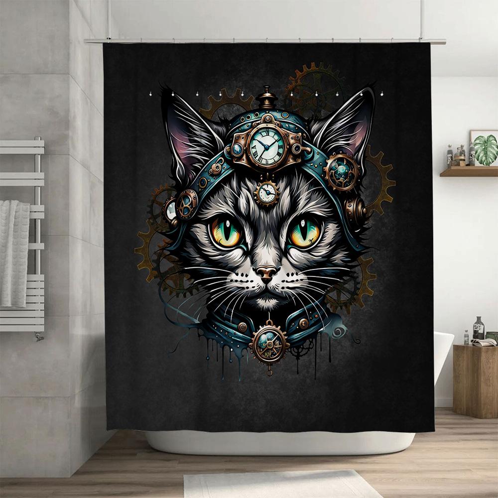 Steampunk-themed shower curtain with cat design featuring clockwork accessories perfect for adding a touch of whimsy to your bat