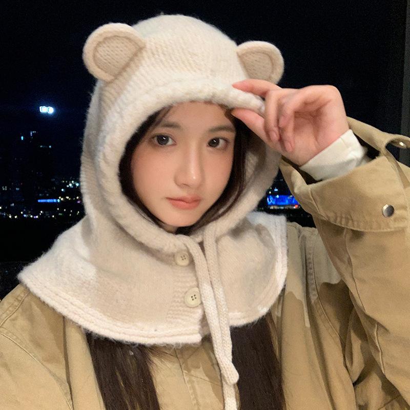 

Шапка-балаклава осенне-зимняя женская теплая шерстяная шапка с медвежьими ушками, шарф-интегрированная вязаная шапка One Size