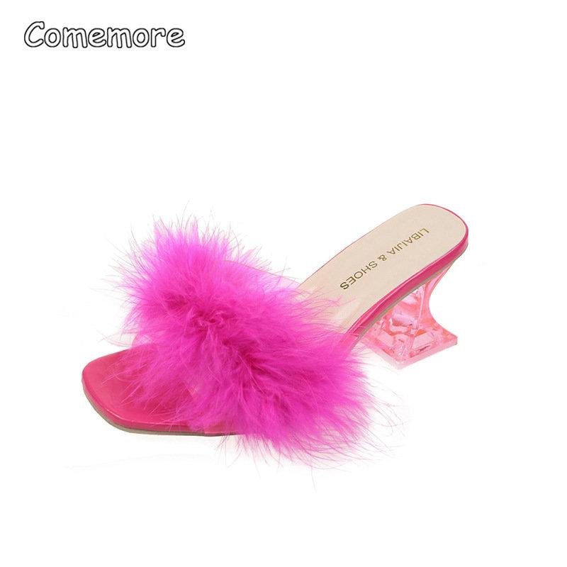 Fashion Comemore Women Slippers Summer Fashion Stiletto Sandals Open Toe High Heel 2025 Fur Heels for Woman Pink Shoes Sapatos Femininos