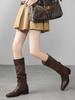 Retro Spliced Long Tube Boots Women'S Chunky Heel High-Cut Boot Cross-Banding Faionable Casual Round Toe Boot
