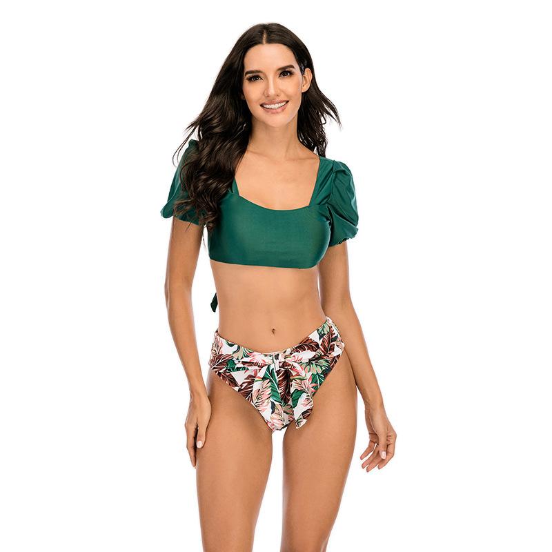 Women bubble sleeve bikini one neck swimsuit solid color sexy backless high elastic high waist tied bikini swimsuit