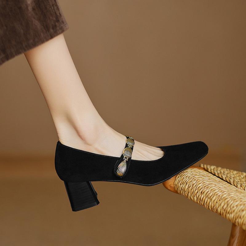 New Four-season Wear High-heeled Small Leather Shoes Comfortable Leather Large-size Single Shoes Women's Square Head Beef Tendon Sole Suede Cowh