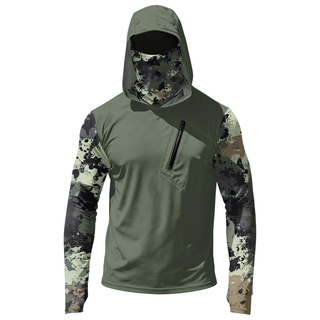 Men's Casual Camouflage Print Hooded Long Sleeve Sun Protection Shirt Lightweight Breathable Outdoor Activewear