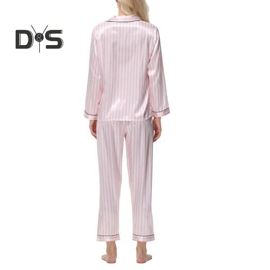 2Pcs Women Silk Satin Pajama Set Lapel Button Down Tops & Pants Set Stripe Loose Sleep Shirt & Elastic Waist Pants Loungewear Outfit