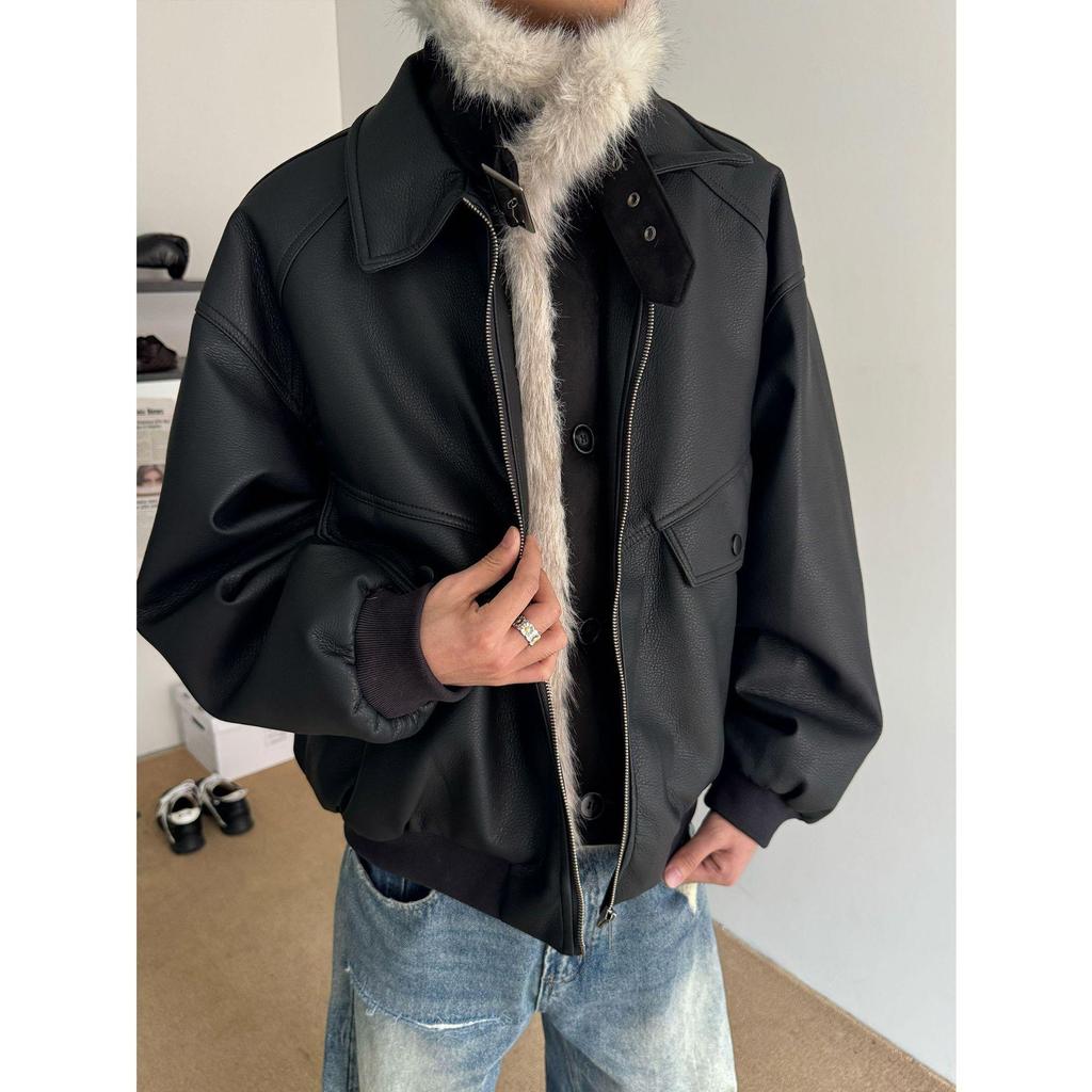 Unisex American Retro Patchwork PU Leather Jacket with Fur Collar - Winter Warm Golden Eagle Cotton Padded Outerwear