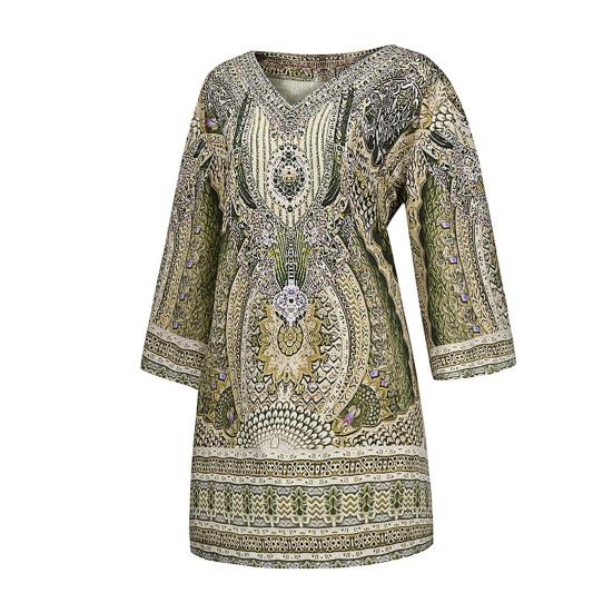 V-Ausschnitt 3/4 Ärmel Shift Design Urlaubs Kleid Ethnischer Stil Bohemia Retro Print Damen Kleid Damen Kleidung