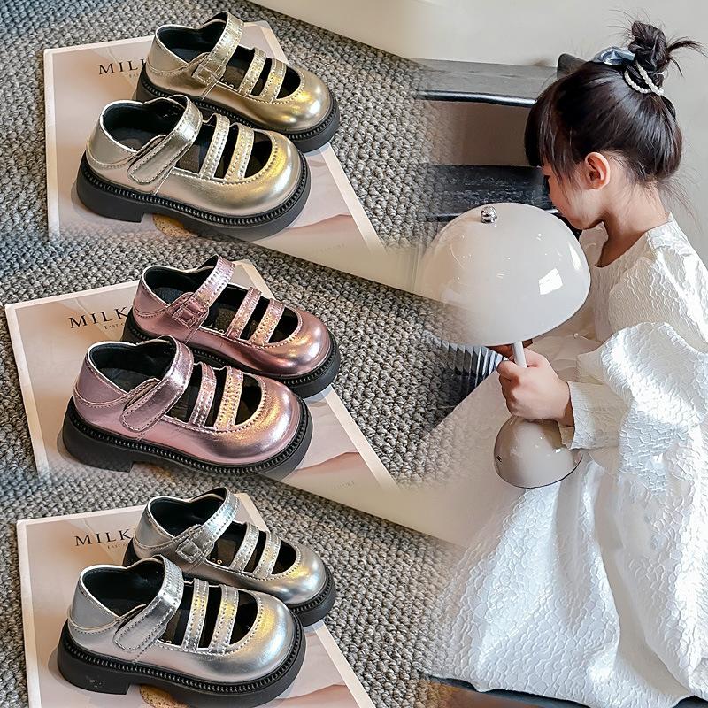 Kids Leather Shoes Round Toes Soild Color Girls Performance Shoes Hollowed-out 2025 Summer New Children Flat Shoes Hook&loop