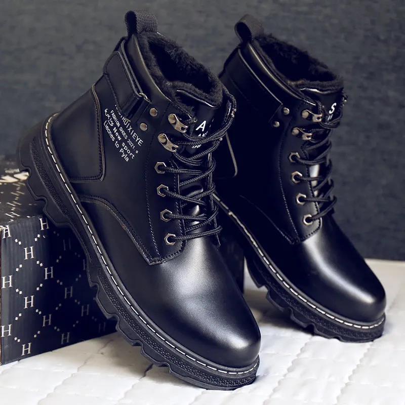 

Autumn and winter tooling high street leather shoes high top Martin boots black single cotton comfortable trendy men s shoes 39