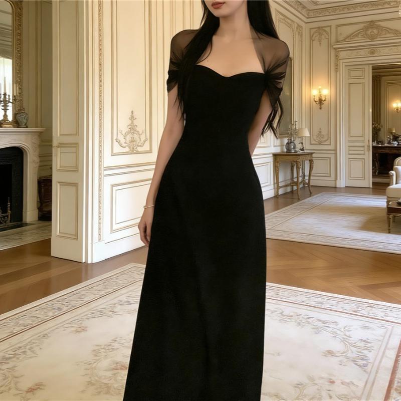 New Elegant Black Off Shoulder Mesh Sleeve Long Dress for Women High Waist Slim Fit A-Line Maxi Dress Formal Wedding Guest Cocktail Gown Beach Trip S чёрный