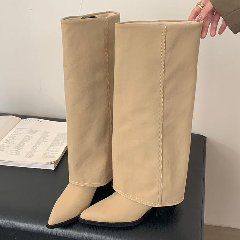 

Мода Новая Женская Обувь Слипоны Мода Деним Женские Сапоги до Колена Острый Носок Женские Современные Длинные Ботильоны на Каблуках Туфли-лодочки 5(foot 225mm) бежевый