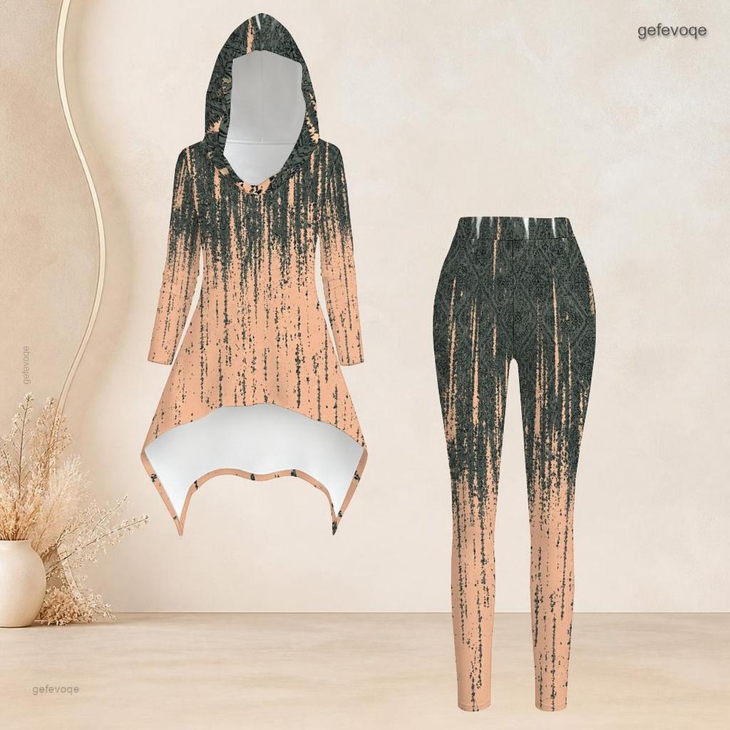 Women Plus Size Printed Hooded Long Sleeve High Low Top And Fitted Pants Two Piece Set