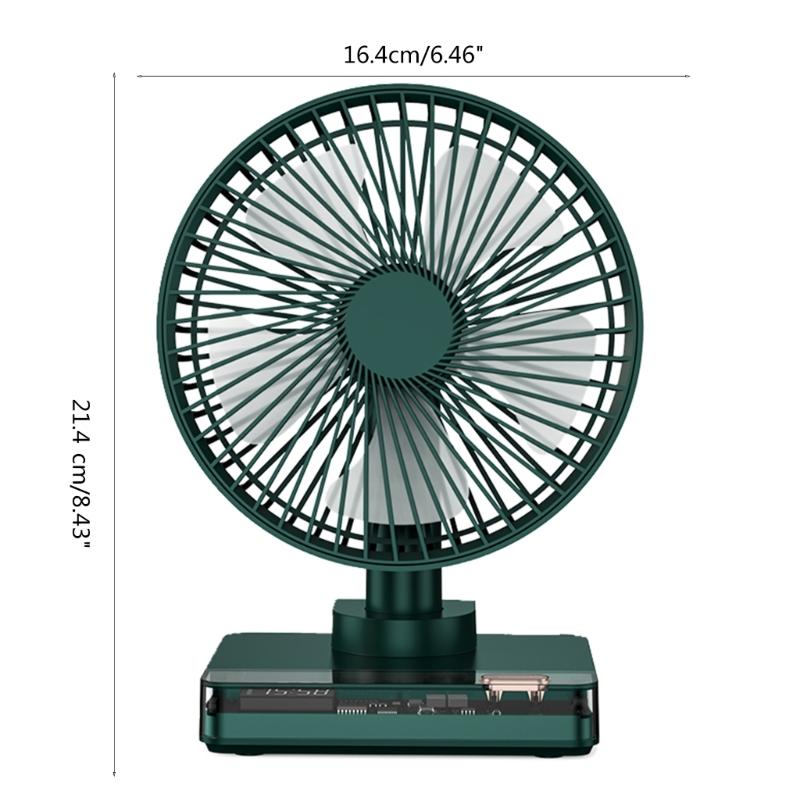 Desktop Clock Fan 90 Egree Shaking Head Height Wind Speed Adjustable 3600mAh Type-C Chargeable Light Portable Fan