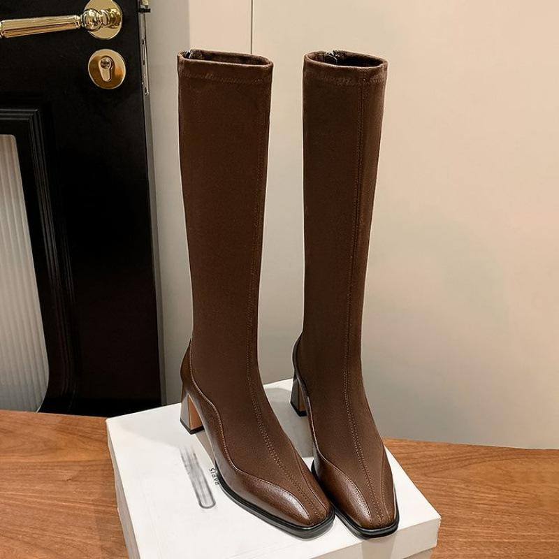 

New women s knight boots round head European beautiful women s leather boots square heel large size boots rubber sole autumn and winter high heel hi 39