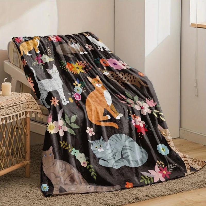 Gatto cartone animato con fiori Coperta stampata in flanella adatta a tutte le stagioni adatta per soggiorno ufficio divano e viaggio