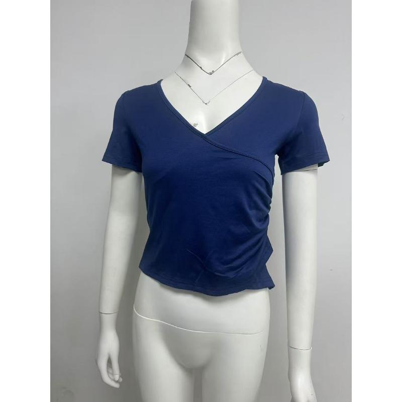 Dámské jarní sexy kořeněné volánové tričko s véčkovým výstřihem, slim-fit, crop, s krátkým rukávem