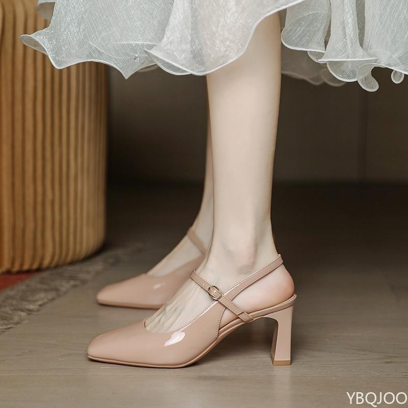 Fashionable soft square toe buckle strap casual women's shoes new style with simple temperament summer back empty high heels