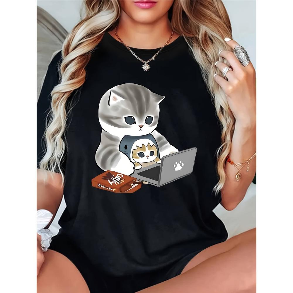 

Women s Soft T-Shirt with Adorable Cartoon Cat Laptop Design Short Sleeve Round Neck Casual Top Regular Fit for Cat Lovers M
