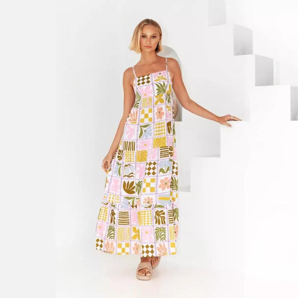 Women Spring Sleeveless Print Slim Suspender Camisole Dress Summer Casual A-Line High Waist Backless Long Dresses S-XL